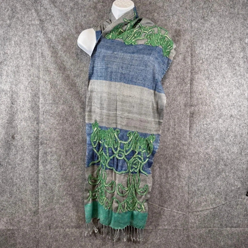 Noonday Collection Silk Scarf Handwoven Beaded Boho Blue Grey Artisan Festival
